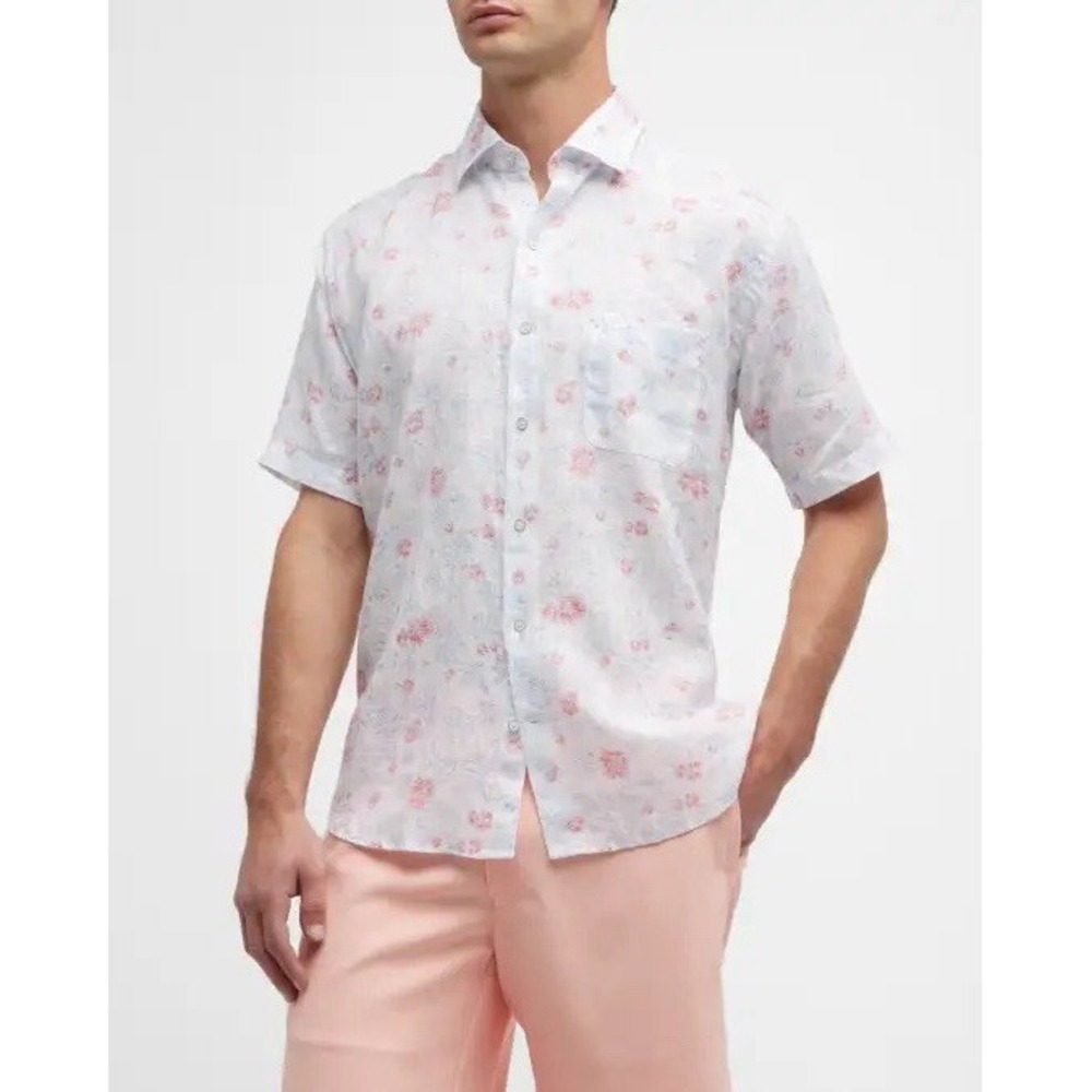 Peter Millar Mens Shirt Palm Haven 100% Linen Sport Button Up Short Sleeve‎ Sz M